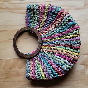 Cappelli Straworld Straw Wood Handle Multicolor Rainbow Bag Purse Tote